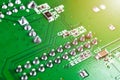 Macro shot of Circuit board with resistors microchips and electronic components. Computer hardware technology. Integrated communic Royalty Free Stock Photo