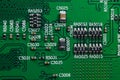 Macro shot of a Circuitboard with resistors microchips and electronic components. Computer hardware technology. Integrated communi