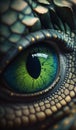 Macro shot, close-up of a green tyrannosaurus rex eye