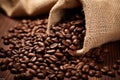 macro shot of coffee beans in a burlap sack Royalty Free Stock Photo