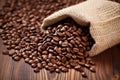 macro shot of coffee beans in a burlap sack Royalty Free Stock Photo