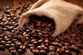 macro shot of coffee beans in a burlap sack Royalty Free Stock Photo