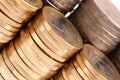 Macro shot of coins organized in columns and rows Royalty Free Stock Photo