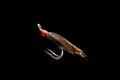 Macro shot colorful fishing fly isolated on a black background. Hand made fly fishing flies. Fluffy fly fishing hook isolated Royalty Free Stock Photo