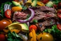 Macro shot of a colorful and fresh Churrasco salad with grilled vegetables, juicy steak, and tangy vinaigrette dressing