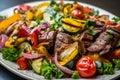 Macro shot of a colorful and fresh Churrasco salad with grilled vegetables, juicy steak, and tangy vinaigrette dressing Royalty Free Stock Photo