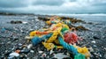 A macro shot of colorful microplastics entangled in seaweed on the beach, symbolizing ocean pollution.