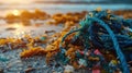 A macro shot of colorful microplastics entangled in seaweed on the beach, symbolizing ocean pollution.