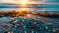 A macro shot of colorful microplastics entangled in seaweed on the beach, symbolizing ocean pollution.