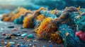 A macro shot of colorful microplastics entangled in seaweed on the beach, symbolizing ocean pollution.