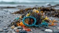 A macro shot of colorful microplastics entangled in seaweed on the beach, symbolizing ocean pollution.