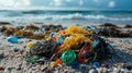 A macro shot of colorful microplastics entangled in seaweed on the beach, symbolizing ocean pollution.