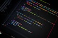 Macro shot of colorful programming code on computer screen, showcasing software development, coding process, and error handling in Royalty Free Stock Photo