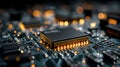 Macro shot of a computer processor chip with glowing orange circuits computer chip Royalty Free Stock Photo