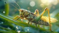 Macro shot of cricket on grass blade, showcasing antennae and hind legs, in miki asai style Royalty Free Stock Photo