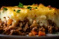 Macro shot of a cross-section of a Shepards pie, showing the layers of creamy mashed potato and rich, savory meat filling