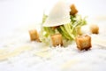 macro shot of a crouton and parmesan on caesar salad Royalty Free Stock Photo