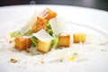 macro shot of a crouton and parmesan on caesar salad