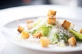 macro shot of a crouton and parmesan on caesar salad