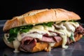 Macro shot of a decadent roast beef and bacon sandwich with melted provolone cheese and garlic aioli