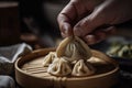 macro shot of a delicate dumpling being skillfully folded and pleated by hand, with various ingredients
