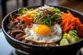 macro shot of deliciously seasoned and grilled beef, paired with a vibrant assortment of vegetables and a runny egg