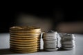 Macro shot detail of golden and silver color coin stacks on dark