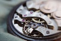 macro shot of details of an old Swiss watch, small gears, springs and clock mechanism close-up