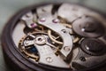 macro shot of details of an old Swiss watch, small gears, springs and clock mechanism close-up