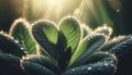 A macro shot of dewdrops on a green leaf in natural morning light. Royalty Free Stock Photo