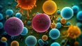 Virus cells and bacteria, Macro shot of different types of microbes on abstract background. Generative