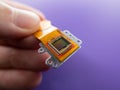 Macro shot of a digital camera Ccd sensor in the hands of a  person on a purple background Royalty Free Stock Photo
