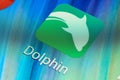 Macro shot of Dolphin mobile application icon on Android phone screen. Dolphin is a web browser for Android and iOS mobile devices Royalty Free Stock Photo