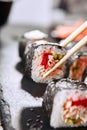 Macro shot of eating sushi roll in Japanese restaurant with chopsticks closeup. Taking portion of sushi rolls with rice, fried sal