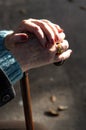 shot of elderly woman's hands holding the wooden handle of a metal walking cane. Close up, copy space for text, neutral