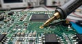 Macro shot of an electronic circuit board being tested with a precision probe, representing hardware diagnostics Royalty Free Stock Photo