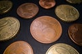 Macro shot of euro coins on black background. Close up of metal circle coin cash background. Saving money, investment Royalty Free Stock Photo