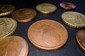 Macro shot of euro coins on black background. Close up of metal circle coin cash background. Saving money, investment Royalty Free Stock Photo