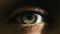 Macro shot of eyes with computer programming code reflection. Javascript program development and security hacking code. Royalty Free Stock Photo