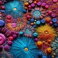 Macro shot of fabric texture portraying needlework magic in pointillism style