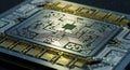 Close-up of a futuristic microprocessor or advanced circuit board with gold connectors Royalty Free Stock Photo