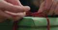 Macro shot of female hands tying red ribbon bow on green paper gift box Royalty Free Stock Photo