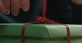 Macro shot of female hands tying red ribbon bow on green paper gift box Royalty Free Stock Photo