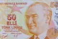 Macro shot of fifty turkish lira banknote Royalty Free Stock Photo