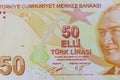 Macro shot of fifty turkish lira banknote Royalty Free Stock Photo