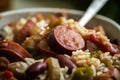 Macro shot of a forkful of red beans and rice mixed with smoked sausage and diced peppers