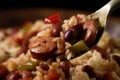 Macro shot of a forkful of red beans and rice mixed with smoked sausage and diced peppers