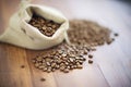 macro shot of fresh coffee beans in a burlap sack Royalty Free Stock Photo