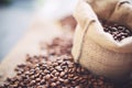 macro shot of fresh coffee beans in a burlap sack Royalty Free Stock Photo