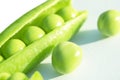 Macro shot fresh green peas with beans isolated on white background. Sweet peas in close up isolated over white with clipping path Royalty Free Stock Photo